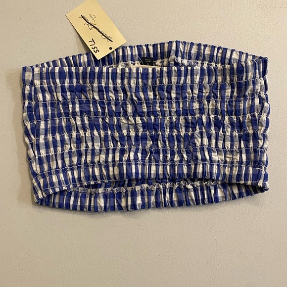 Universal Thread NEW Blue and White Checkered Cropped Tube Top Small Stretch - Picture 2 of 5